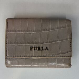 furla tan leather croc embossed tri fold small wallet